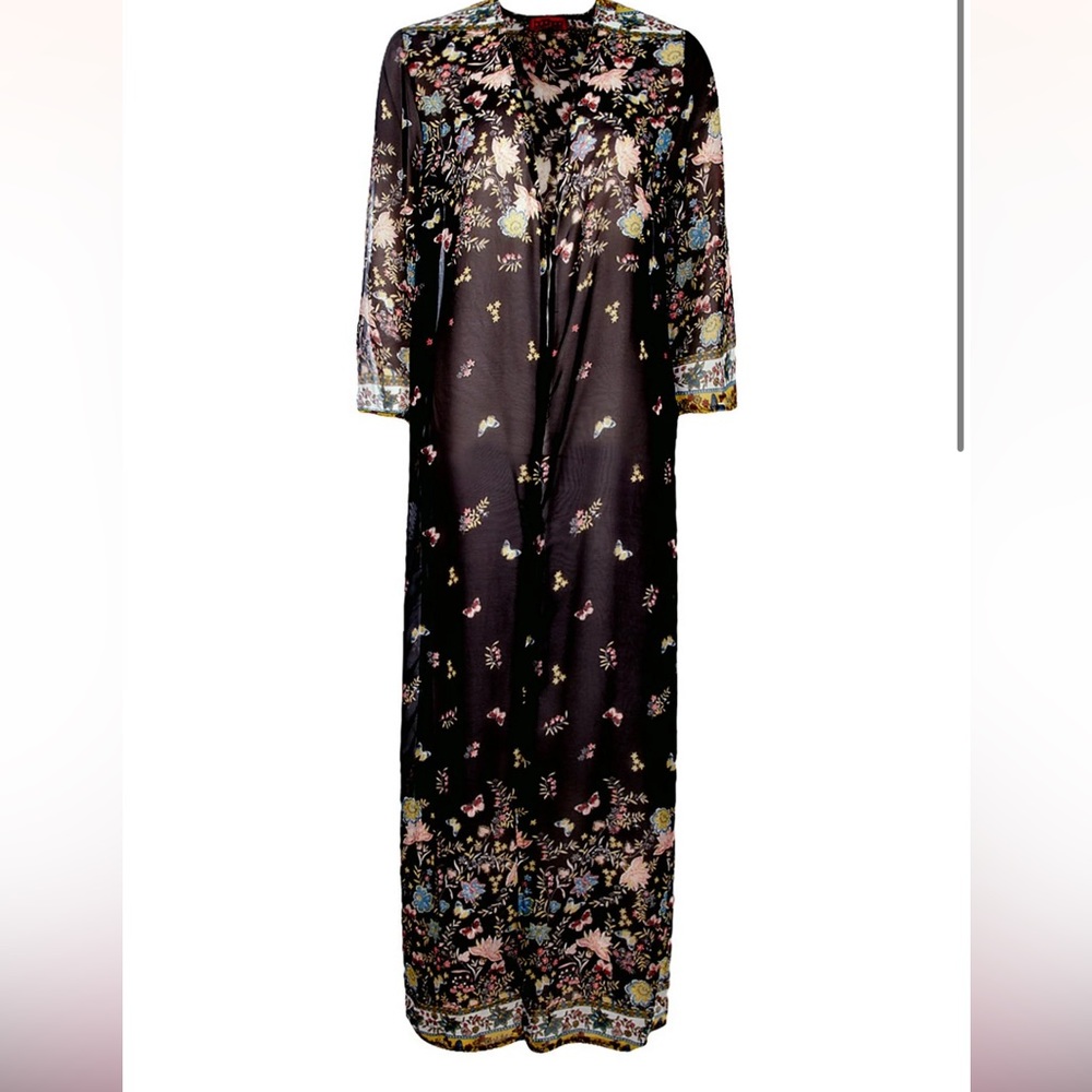 Floral Black Butterflies Sheer Maxi Kimono Coverup Cardigan size 5XL - Picture 2 of 9